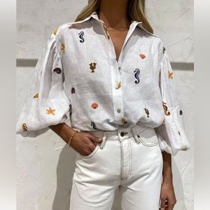 Alemais white womens button down with embroidered beach motifs